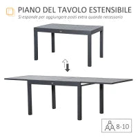 Tavolo da Giardino Allungabile per 8-10 Persone, in Alluminio, 135-270x90x75cm, Grigio