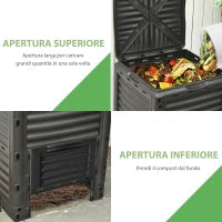Compostiera da Giardino, Compostiera Domestica da 300L in Plastica Nera, Bidone per Compost con Coperchio a Incastro