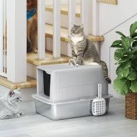 Toilette per gatti, Vasca in Acciaio Inossidabile, Filtro, Paletta, per Gatti fino a 6 kg, 40,5 x 60,5 x 41,5 cm, Grigio/Argento
