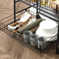 Carrello da Cucina Portavivande Stile Industriale con 4 Ruote, 2 Cestini e 4 Ganci, 60x38x85.5cm, Marrone Nero