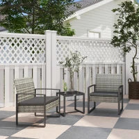 Set da giardino 3 pezzi 2 sedie con cuscini + tavolino piano in vetro temperato intreccio in resina sintetica grigio chiaro