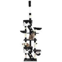 Tiragraffi per Gatti a Soffitto con Altezza Regolabile 240-260 cm, Albero Tiragraffi per Gatti Multilivello con Cucce, Amache e Scale, Corde in Sisal, Grigio Scuro e Bianco