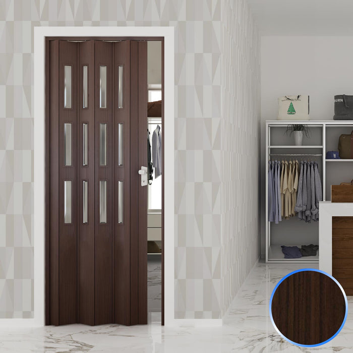Porta a Soffietto da Interno in PVC Noce Mansonia Vetro Trasparente 88 5x214 cm mod. Luciana