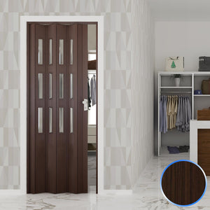 Porta a Soffietto da Interno in PVC Noce Mansonia Vetro Trasparente 88 5x214 cm mod. Luciana