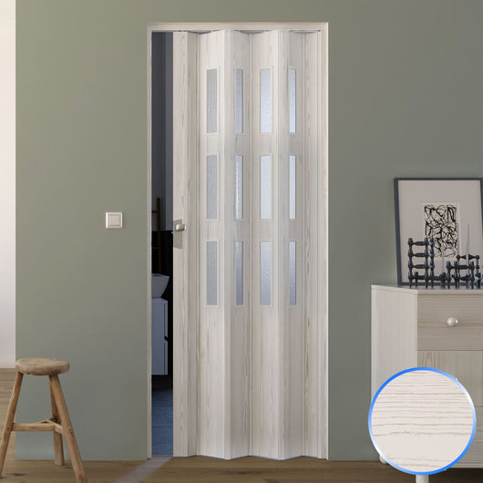Porta a Soffietto da Interno in PVC Pino Sbiancato Vetro Satinato 88 5x214 cm mod. Luciana