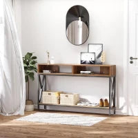 Tavolo Consolle Stile Vintage Industriale con 3 Ripiani e Telaio in Metallo, Color Noce e Nero, 120x23.5x75cm