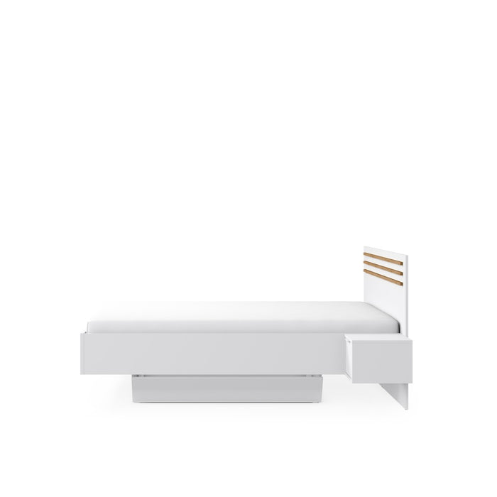 Pack letto FLORENCE – 160x200 cm – Con rete + 2 cassetti – Comodini integrati – Bianco e rovere