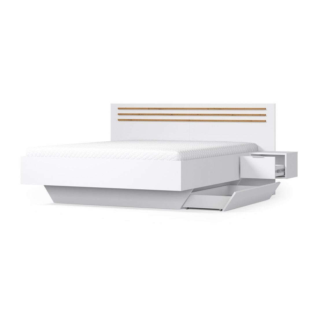 Pack letto FLORENCE – 160x200 cm – Con rete + 2 cassetti – Comodini integrati – Bianco e rovere