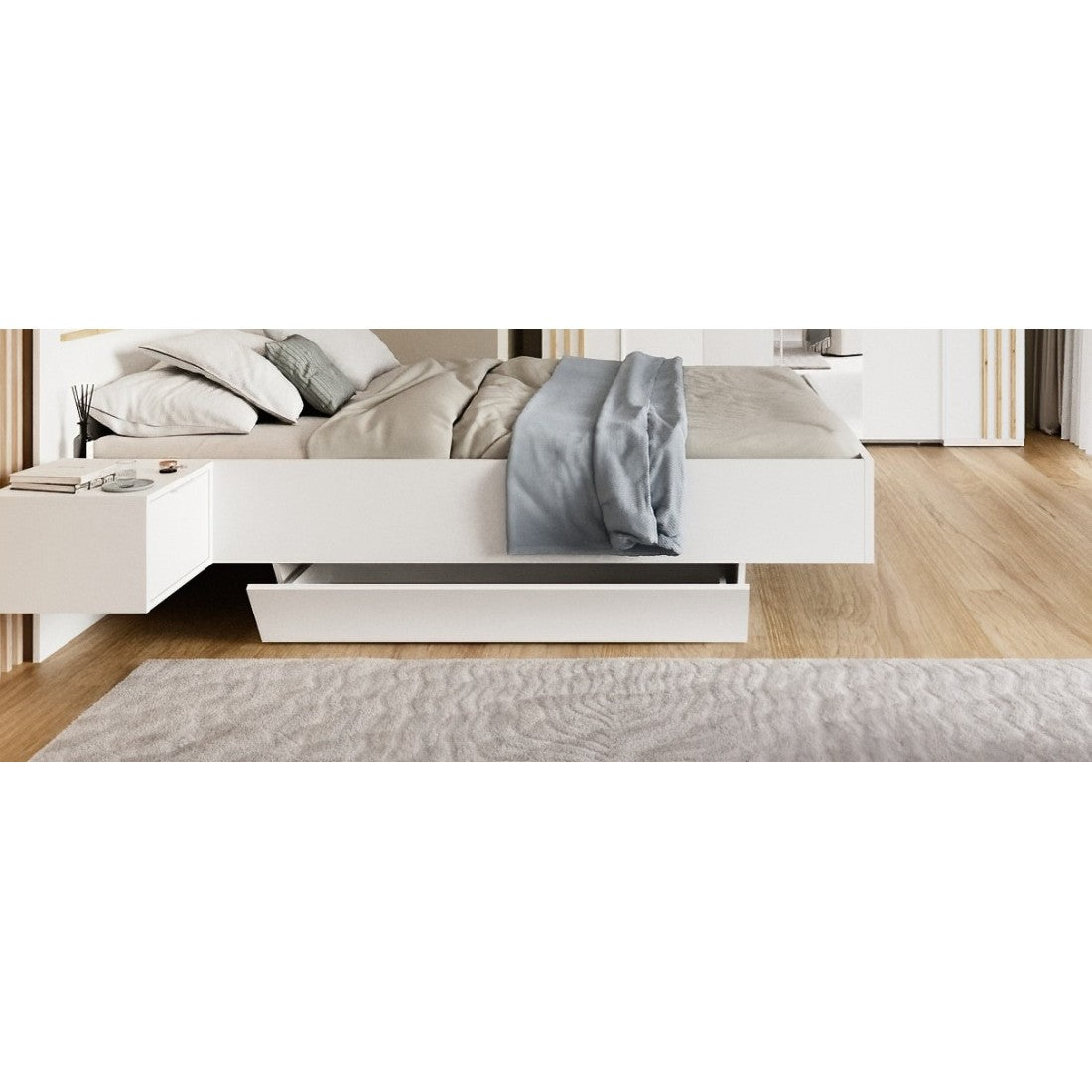 Pack letto FLORENCE – 180x200 cm – Con doghe + 2 cassetti – Comodini integrati – Bianco e rovere