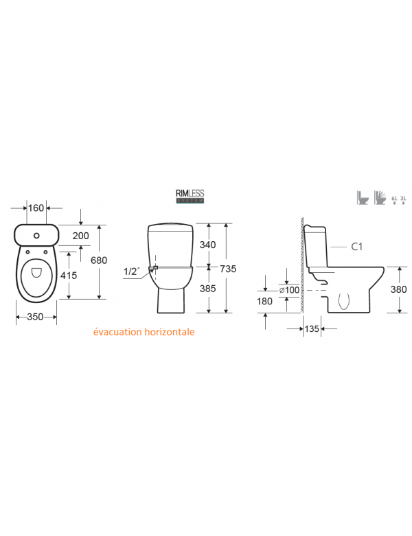 Pacchetto WC autoportante senza brida VENICE1 71x68x35 cm - con sedile con freno a caduta