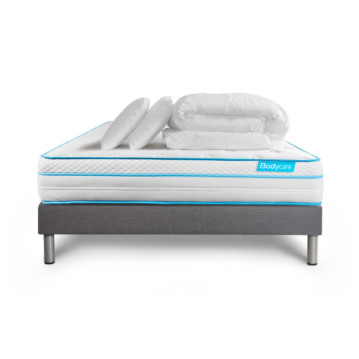Pacchetto letto completo - Materasso 140x190cm + Box spring con doghe (kit) + 2 cuscini + Piumino - BodyMax