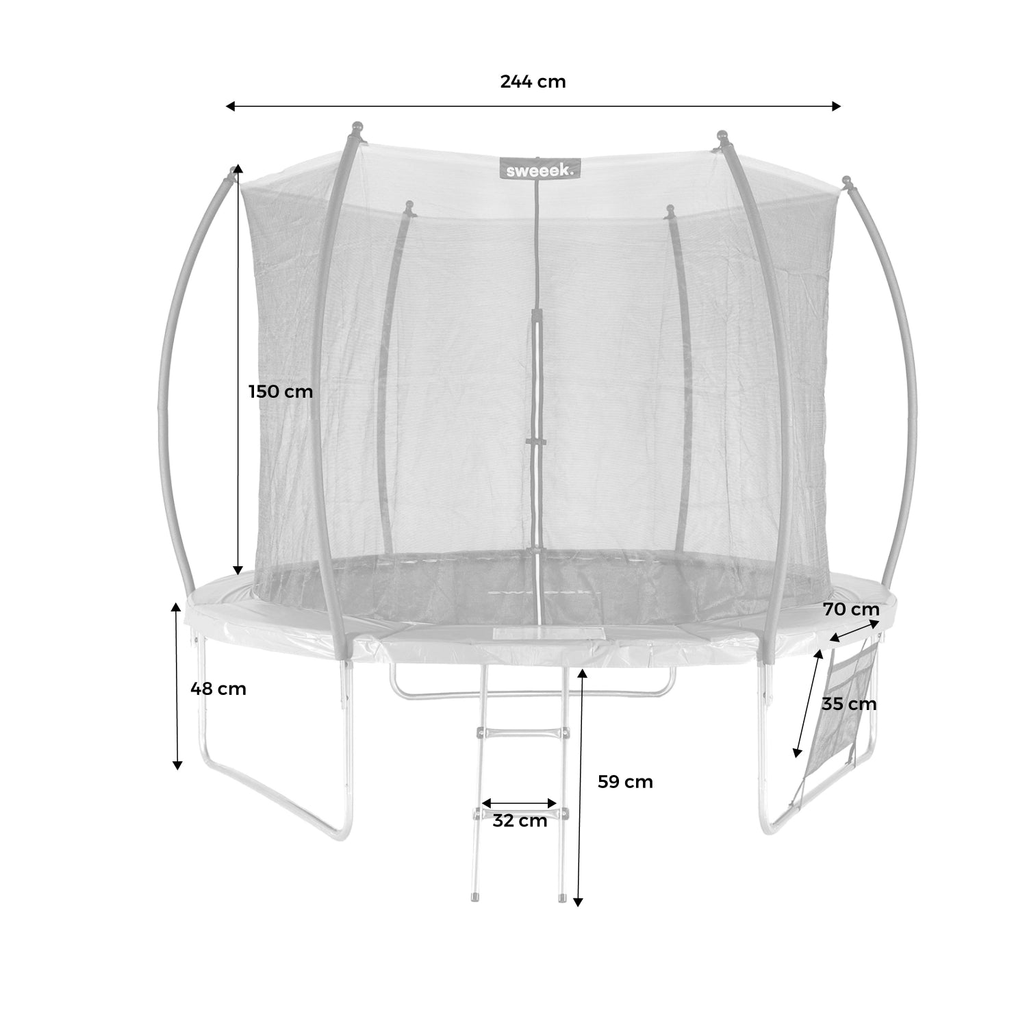 Trampolino 250cm con rete interna e pacchetto accessori, grigio