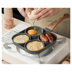 Trade Shop - Padella Antiaderente A 4 Fori Per Uova Pancake Manico In Legno Accessori Cucina 624386 -