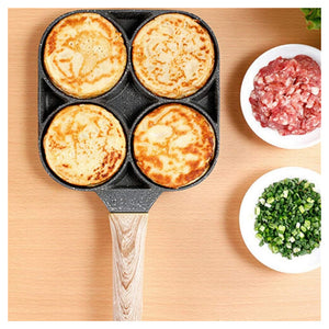 Trade Shop - Padella Antiaderente A 4 Fori Per Uova Pancake Manico In Legno Accessori Cucina 624386 -