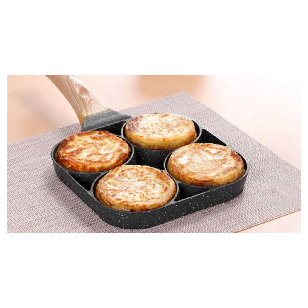 Trade Shop - Padella Antiaderente A 4 Fori Per Uova Pancake Manico In Legno Accessori Cucina 624386 -