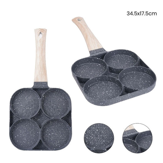 Trade Shop - Padella Antiaderente A 4 Fori Per Uova Pancake Manico In Legno Accessori Cucina 624386 -