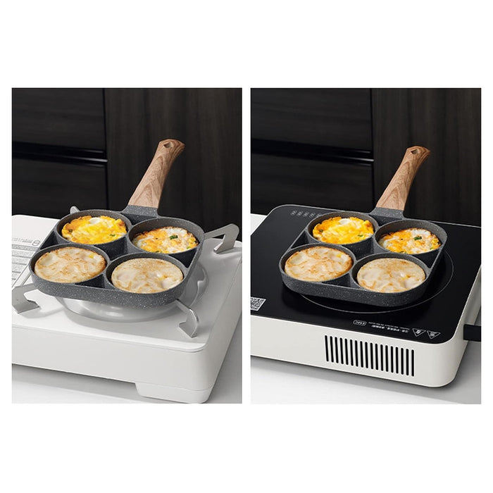 Trade Shop - Padella Antiaderente A 4 Fori Per Uova Pancake Manico In Legno Accessori Cucina 624386 -