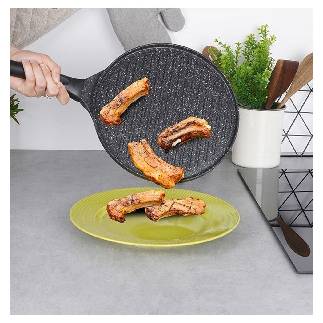Trade Shop - Padella Antiaderente Piastra Griglia Tonda Per Carne Verdure Nera Accessori Cucina 624390 -
