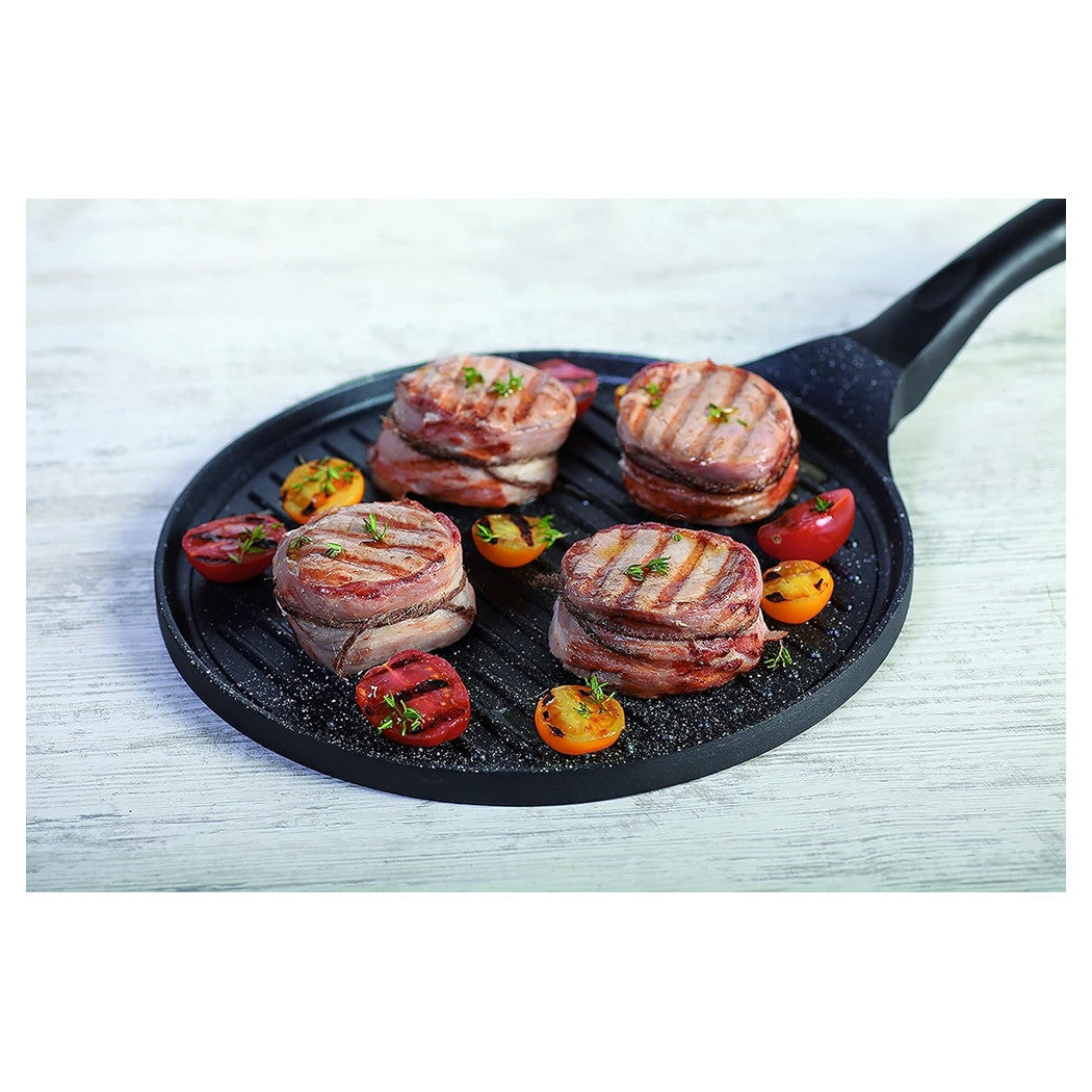 Trade Shop - Padella Antiaderente Piastra Griglia Tonda Per Carne Verdure Nera Accessori Cucina 624390 -