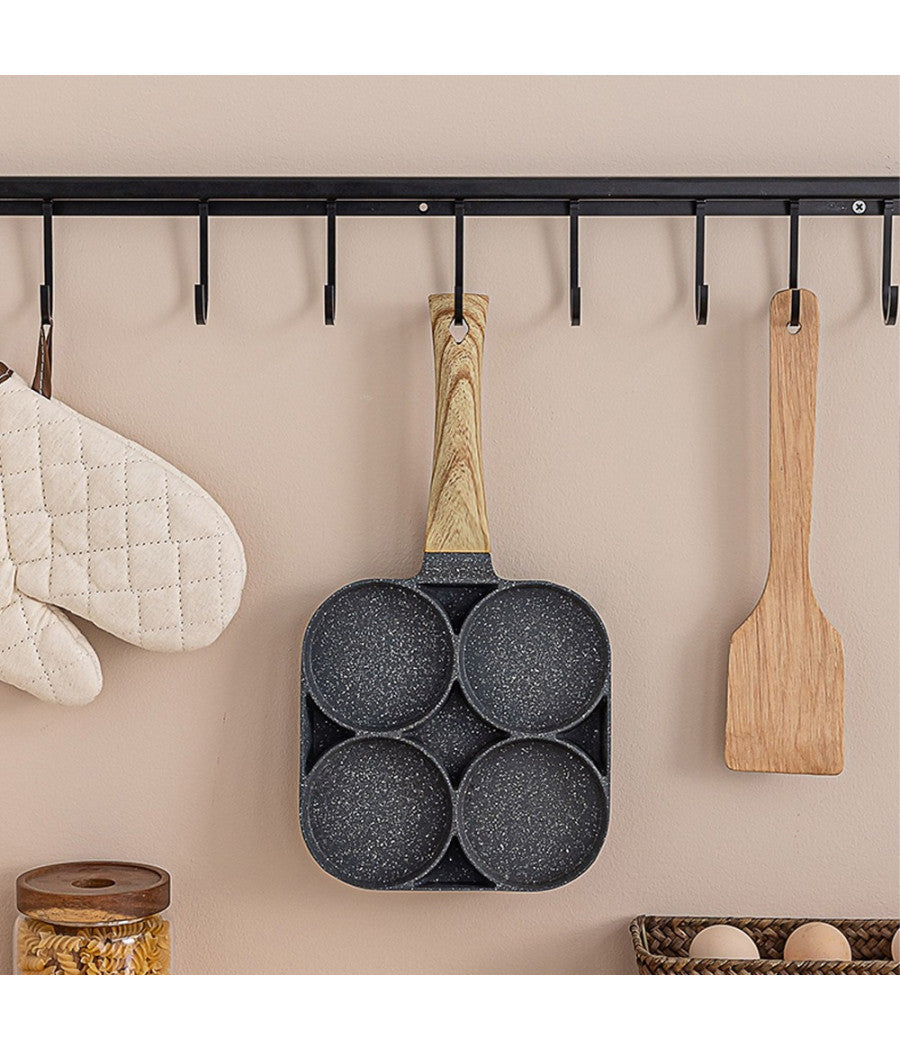 Padella Pancake 4 Scomparti In Lega Di Alluminio Antiaderente Con Manico Legno         