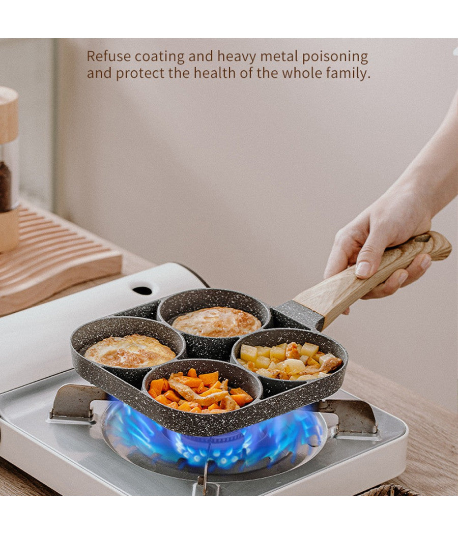 Padella Pancake 4 Scomparti In Lega Di Alluminio Antiaderente Con Manico Legno         