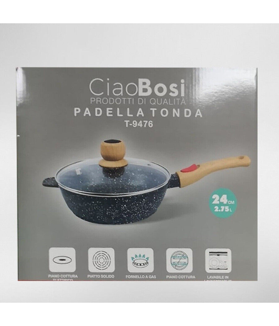 Padella Tonda T-9476 Cucina 24cm 2.75lt Con Manico Coperchio Per Piano Cottura         