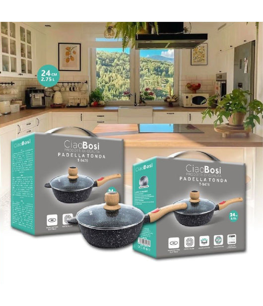 Padella Tonda T-9476 Cucina 24cm 2.75lt Con Manico Coperchio Per Piano Cottura         