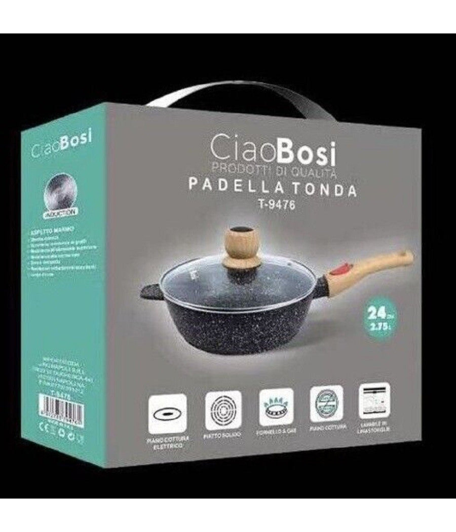 Padella Tonda T-9476 Cucina 24cm 2.75lt Con Manico Coperchio Per Piano Cottura         