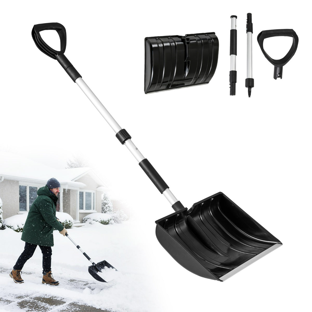 Pala da neve per vialetto e auto attrezzo leggero e portatile, Pala lama larga con striscia in alluminio Nero-Utensili