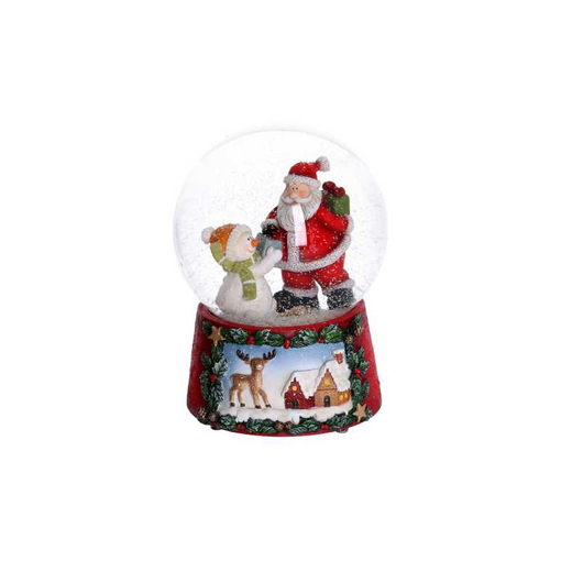 Palla di vetro con carillon babbo e pupazzo rosso cm 10x10h14,5