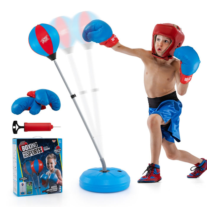 Palla da boxe con base altezza regolabile, Sacco da boxe con pompa manuale e guanti da boxe Blu-Boxe