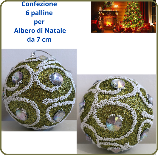 Confezione set 6 palline di natale verde  con richiami bianchi brillantinate palle per albero addobbi natalizi decorazioni da 7 cm