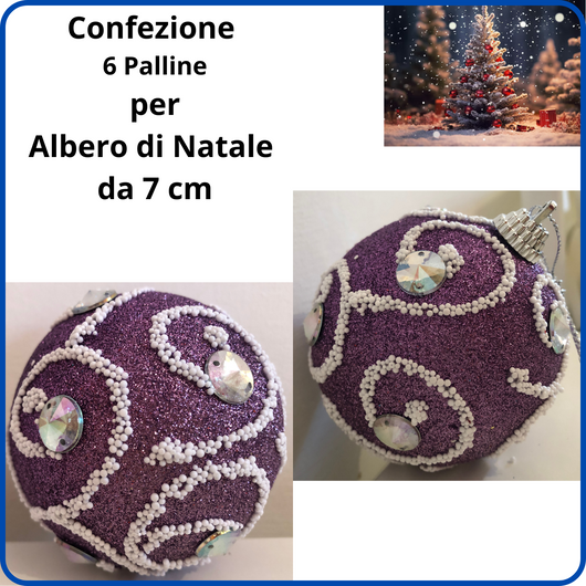 Confezione set 6 palline di natale viola lilla palle per albero addobbi natalizi decorazioni natalizie da 7 cm brillantinata con strass e laccetto