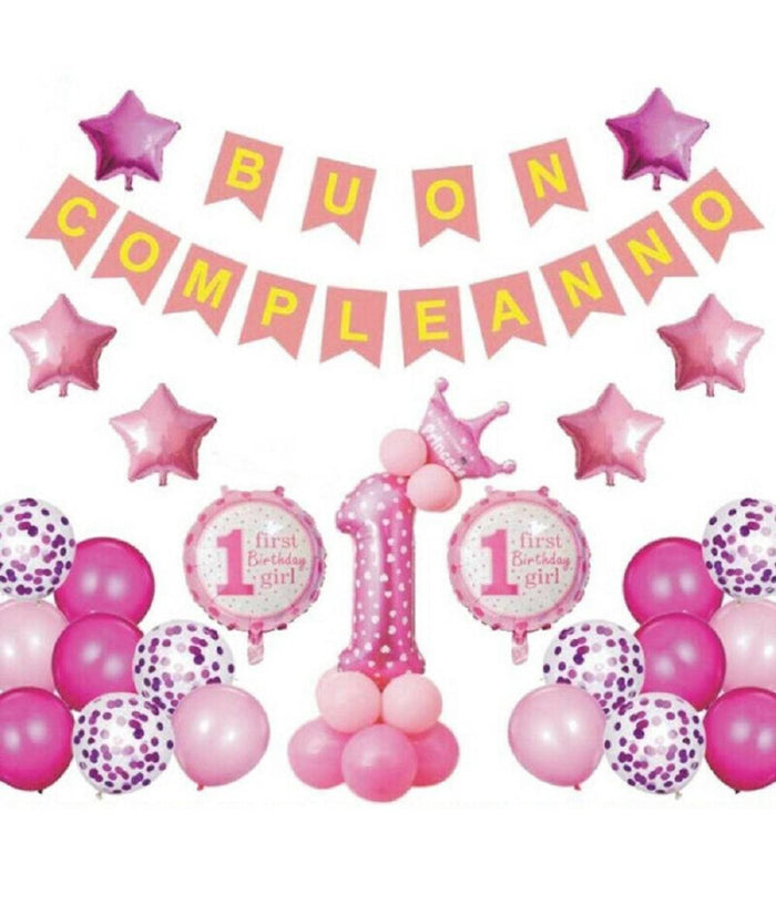 Palloncini Gonfiabili Festa Bimbo Bimba 1 Anno Compleanno Festone Buon Compleanno  Rosa       