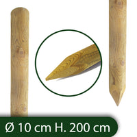 10pz pali in legno ø cm 10 altezza cm 200 h tondi con punta trattati impregnati per recinzione staccionata/steccato palo tondo cod:ferx.reti.23.stock