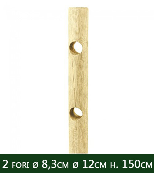 5pz pali in legno ø cm 12x150 h ø 2 fori passanti ø 8,3 cm senza punta per recinzione trattati impregnati per staccionata e steccato palo tondo forato cod:ferx.reti.62.stock