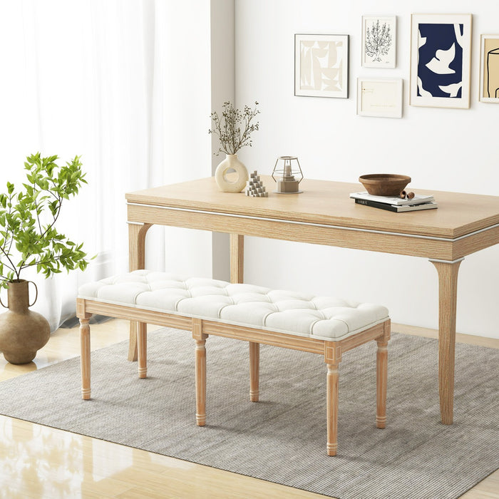 Panca d¡¯ingresso vintage francese da 120 cm con gambe in legno di gomma massiccio, Panca pouf capitonn¨¦ a fine letto per ingresso-Sgabelli