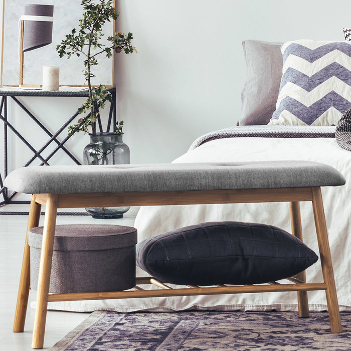 IDMarket - Panca contenitore ingresso in bambù, tessuto grigio chiaro