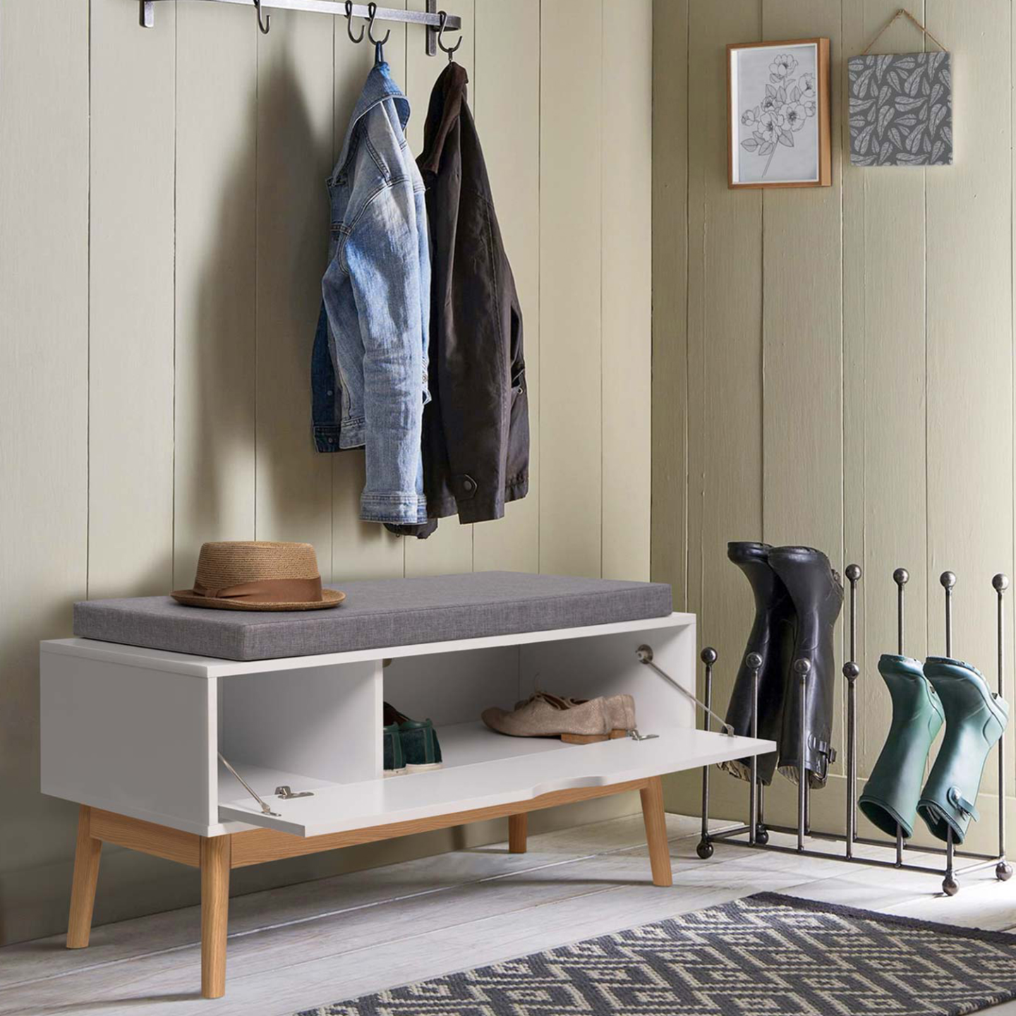 IDMarket - Panca contenitore ingresso scarpe in legno bianco LEO