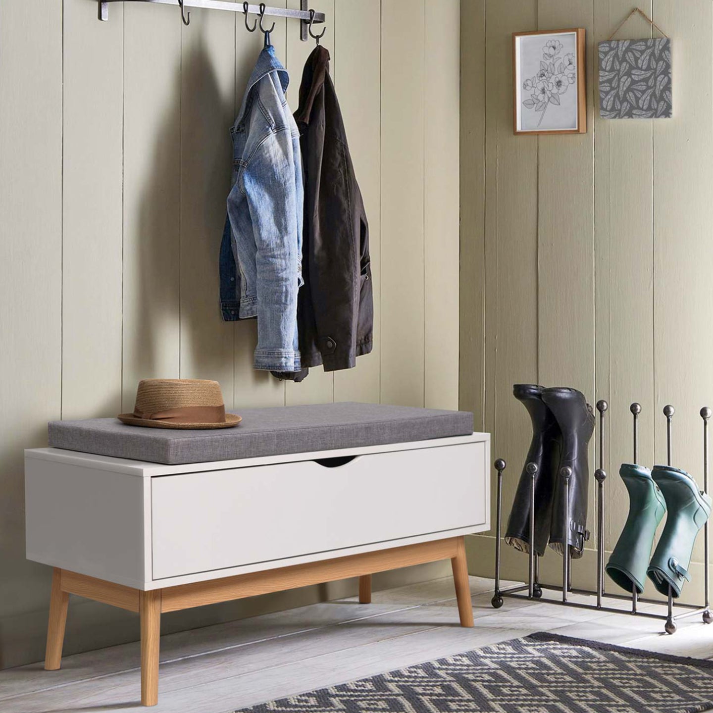 IDMarket - Panca contenitore ingresso scarpe in legno bianco LEO