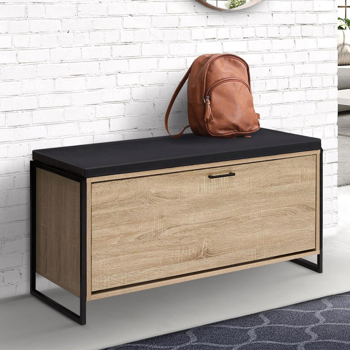 IDMarket - Panca da ingresso con cuscino e porta scarpe LUIS 100 cm design industriale