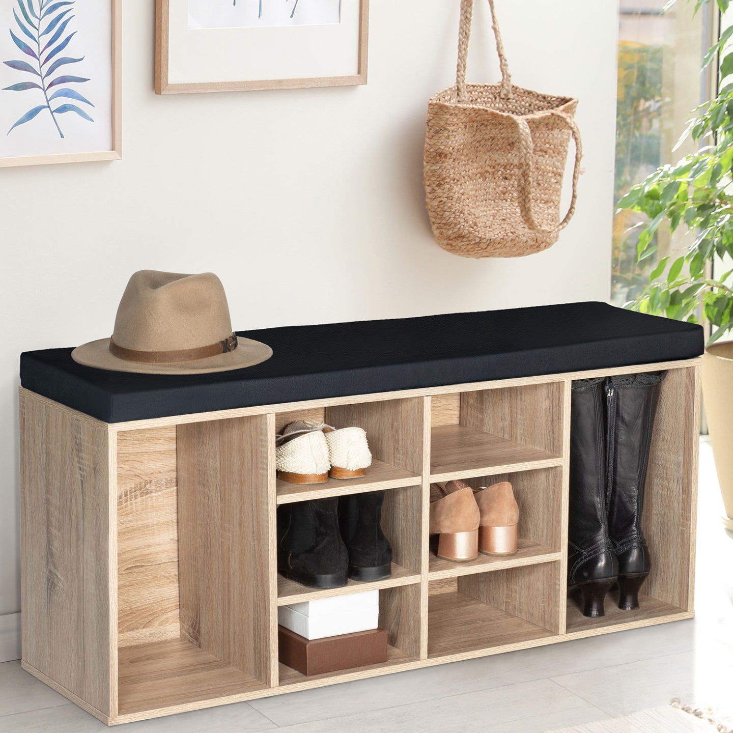 IDMarket - Panca ingresso scarpe in legno look faggio e cuscino nero TEO