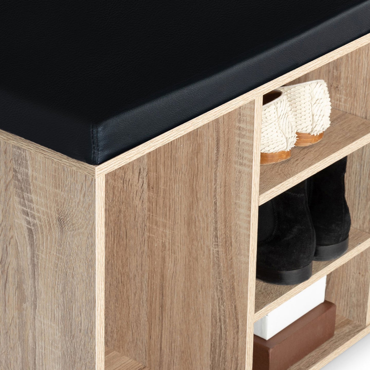 IDMarket - Panca ingresso scarpe in legno look faggio e cuscino nero TEO