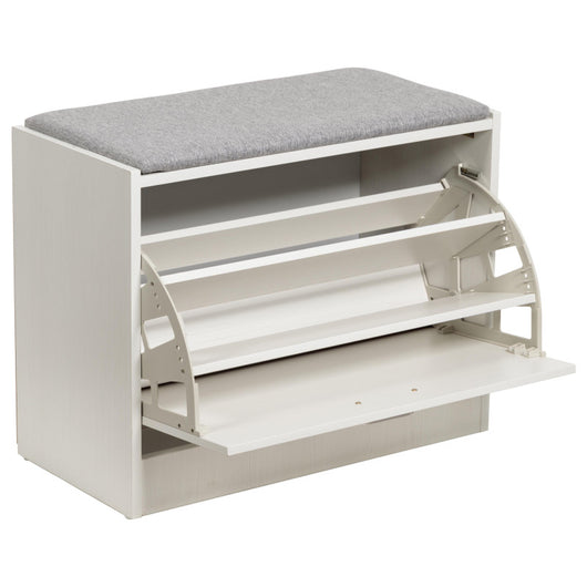Panca Porta Scarpe Bianco Legno Con Cuscino Seduta In Tessuto Grigio