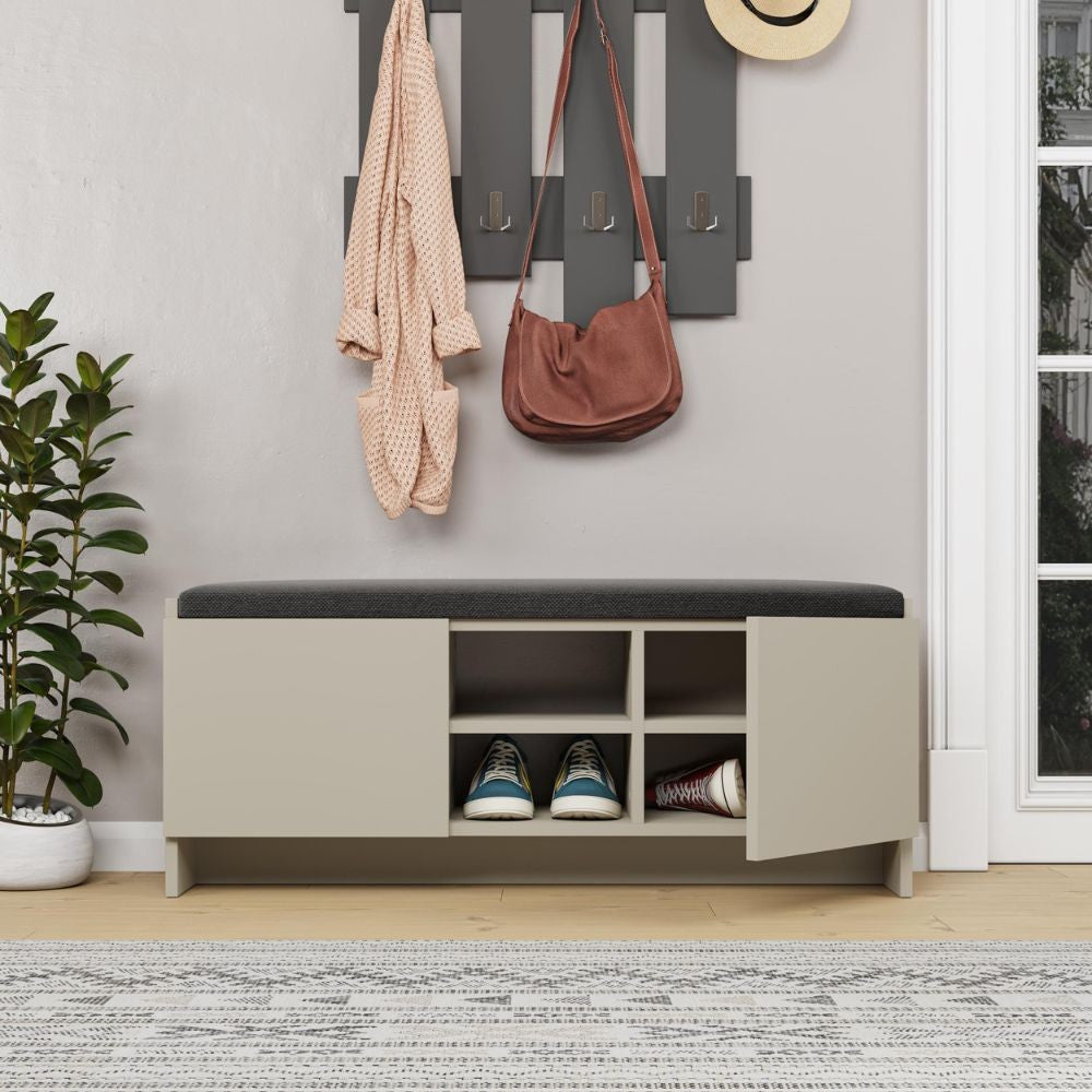Panca scarpiera colore cashmere Zulla con cuscino e 2 ante