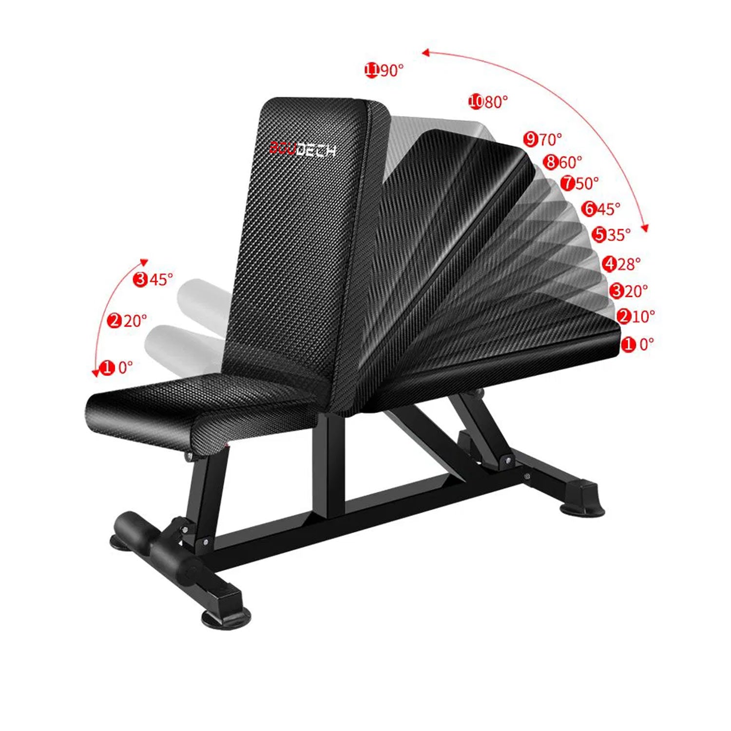 Boudech - THOR 250 -  Panca da fitness per allenamento con pesi e manubri ad inclinazione regolabile, design ultra ergonomico e solido telaio antiscivolo. Panca universale multifunzione con capacità di carico fino a 250 kg