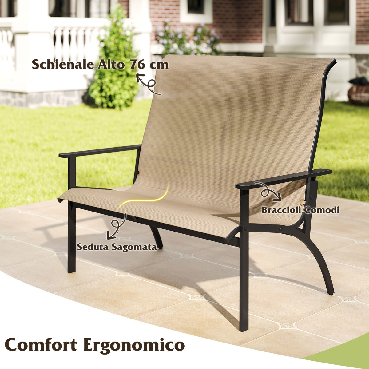 Panca da giardino con schienale alto e braccioli per veranda anteriore per terrazzo-Sedia da esterno adirondack per 2 persone Caff¨¨