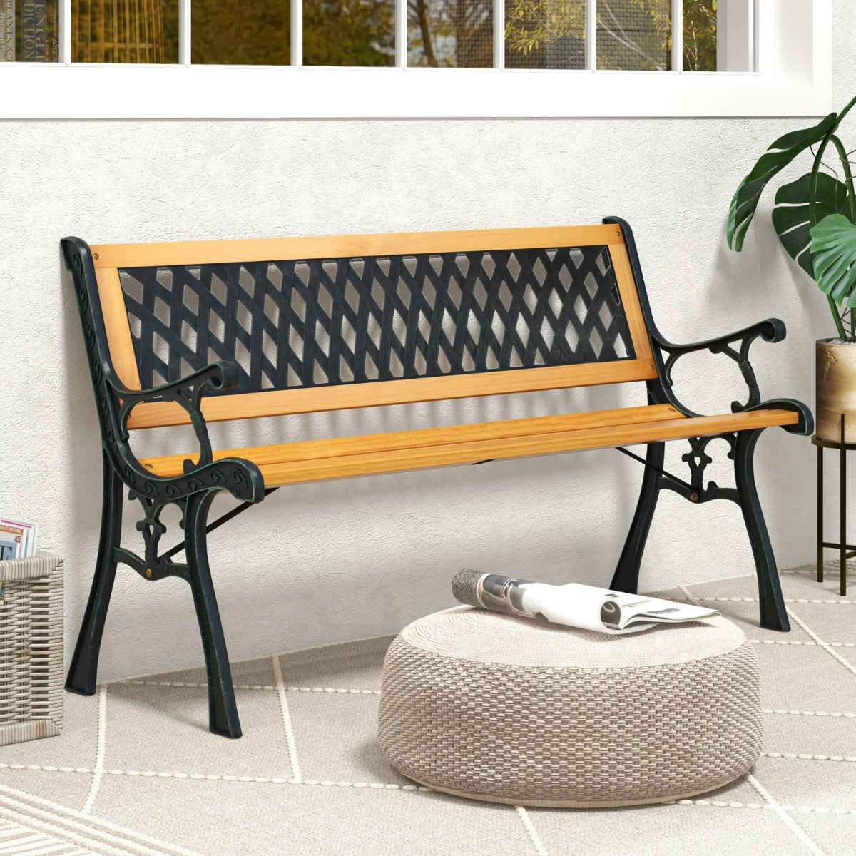 Panca da giardino per patio con braccioli curvi e schienale, Panca ergonomica da esterno per 3 persone Nero e Naturale-Panchine