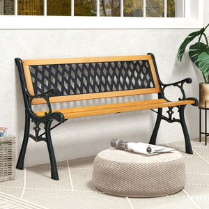 Panca da giardino per patio con braccioli curvi e schienale, Panca ergonomica da esterno per 3 persone Nero e Naturale-Panchine