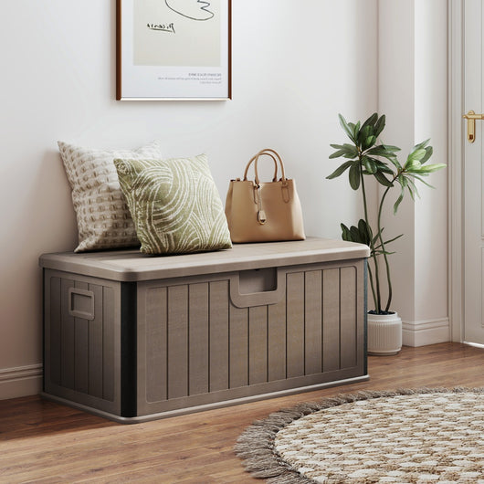 Panca di stoccaggio in resina per interni ed esterni con coperchio bloccabile, 378 L grande cassapanca da giardino da patio Marrone-Panchine